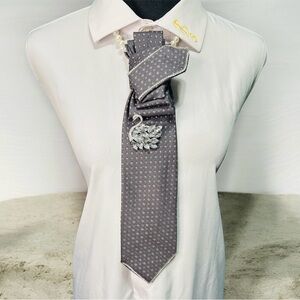 Chic Gray Polka Dot Necktie with Swan Pendant